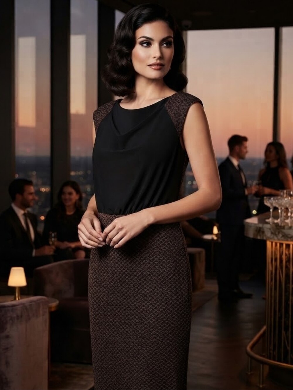 Adrianna Papell Black & Brown Geometric Knit Sleeveless Draped Neck Midi Dress